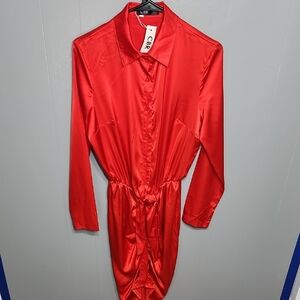 CBR Vibrant Red Satin Shirt Dress